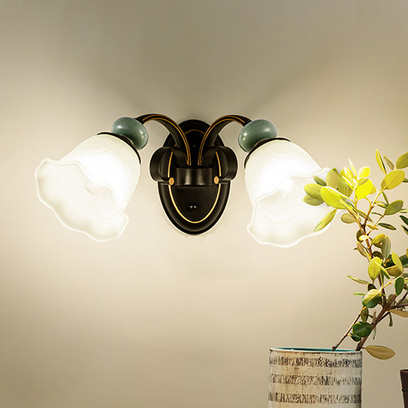 1/2 Bulbs Wall Mounted Light Retro Style Flower Frosted Glass Wall Lighting Ideas in Black with Swooping Arm 2.0 Black Clearhalo 'Wall Lamps & Sconces' 'Wall Lights' Lighting' 781116