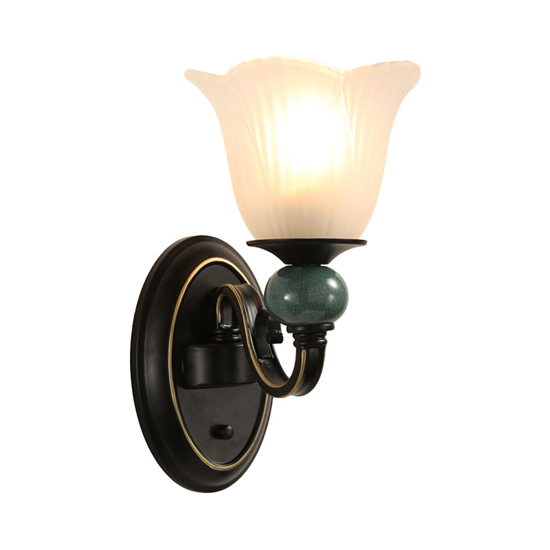 Black Flared Wall Mounted Lamp Traditional Opal Ribbed Glass 1/2-Bulb Bedroom Sconce with Swirl Arm Clearhalo 'Wall Lamps & Sconces' 'Wall Lights' Lighting' 781122