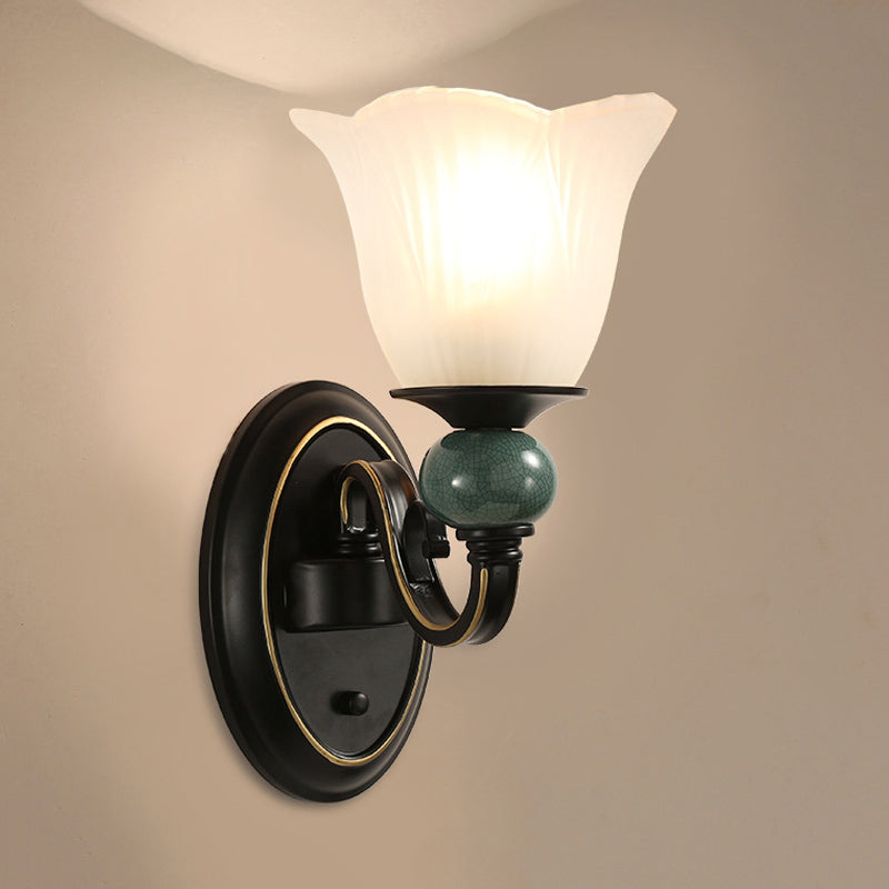 Black Flared Wall Mounted Lamp Traditional Opal Ribbed Glass 1/2-Bulb Bedroom Sconce with Swirl Arm Clearhalo 'Wall Lamps & Sconces' 'Wall Lights' Lighting' 781123