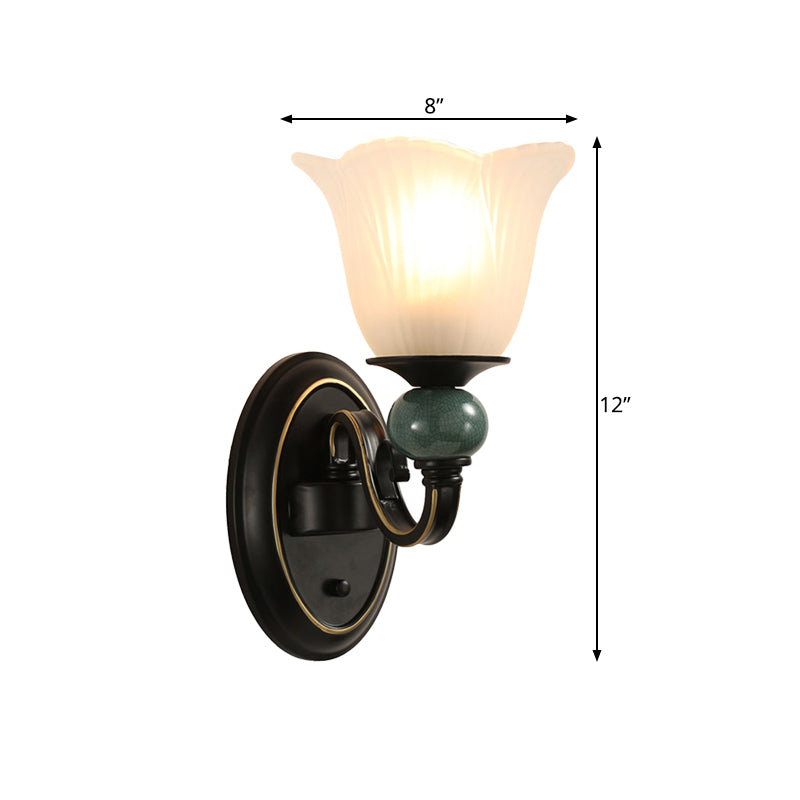 Black Flared Wall Mounted Lamp Traditional Opal Ribbed Glass 1/2-Bulb Bedroom Sconce with Swirl Arm Clearhalo 'Wall Lamps & Sconces' 'Wall Lights' Lighting' 781124