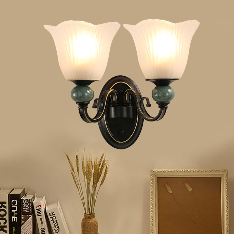 Black Flared Wall Mounted Lamp Traditional Opal Ribbed Glass 1/2-Bulb Bedroom Sconce with Swirl Arm 2.0 Black Clearhalo 'Wall Lamps & Sconces' 'Wall Lights' Lighting' 781125