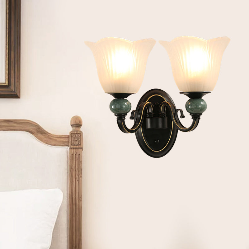 Black Flared Wall Mounted Lamp Traditional Opal Ribbed Glass 1/2-Bulb Bedroom Sconce with Swirl Arm Clearhalo 'Wall Lamps & Sconces' 'Wall Lights' Lighting' 781126