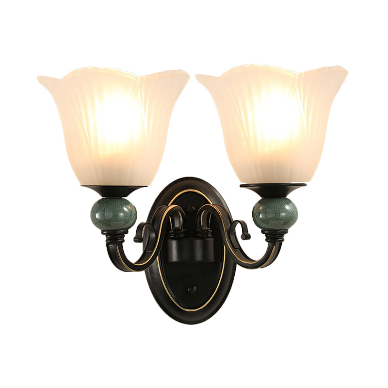 Black Flared Wall Mounted Lamp Traditional Opal Ribbed Glass 1/2-Bulb Bedroom Sconce with Swirl Arm Clearhalo 'Wall Lamps & Sconces' 'Wall Lights' Lighting' 781127