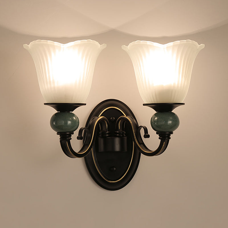 Black Flared Wall Mounted Lamp Traditional Opal Ribbed Glass 1/2-Bulb Bedroom Sconce with Swirl Arm Clearhalo 'Wall Lamps & Sconces' 'Wall Lights' Lighting' 781128