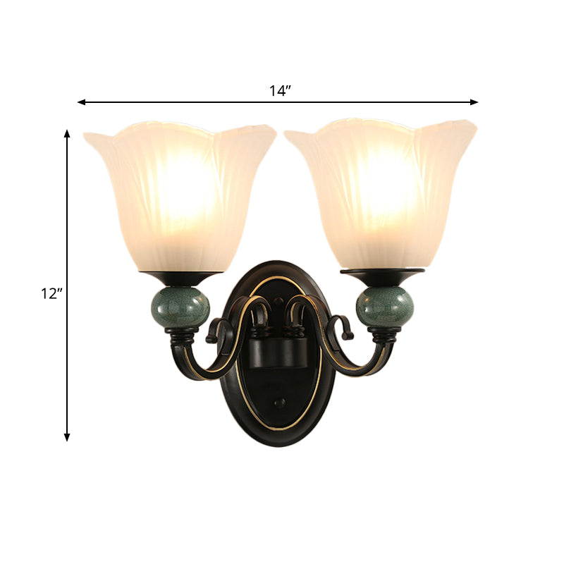 Black Flared Wall Mounted Lamp Traditional Opal Ribbed Glass 1/2-Bulb Bedroom Sconce with Swirl Arm Clearhalo 'Wall Lamps & Sconces' 'Wall Lights' Lighting' 781129