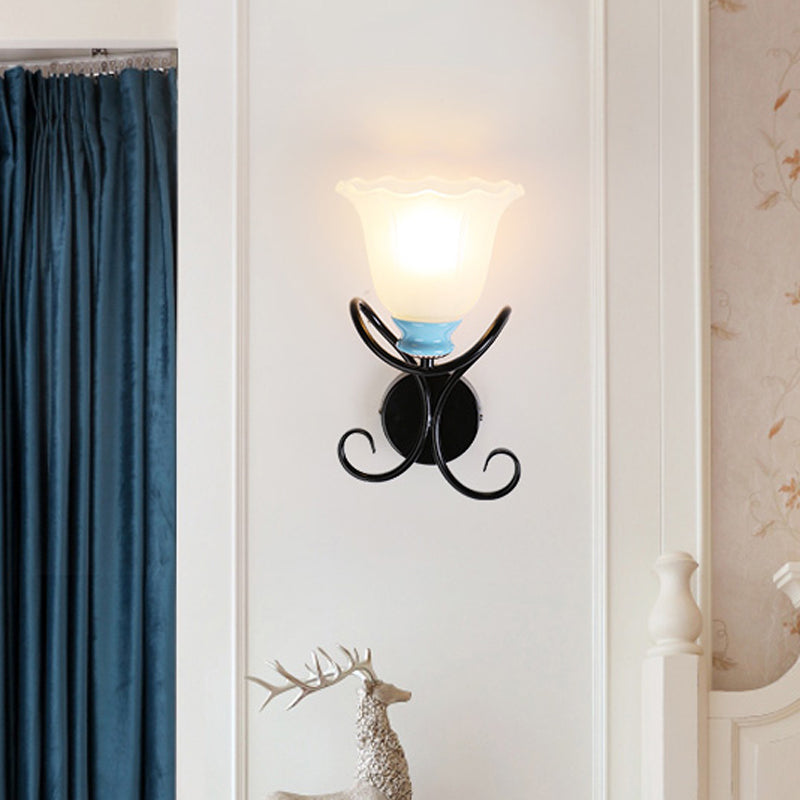 1 Light Frosted Glass Wall Lighting Country Black/Gold Flared Corridor Sconce Light with Twisted Arm Clearhalo 'Wall Lamps & Sconces' 'Wall Lights' Lighting' 781135