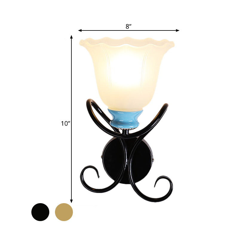 1 Light Frosted Glass Wall Lighting Country Black/Gold Flared Corridor Sconce Light with Twisted Arm Clearhalo 'Wall Lamps & Sconces' 'Wall Lights' Lighting' 781137