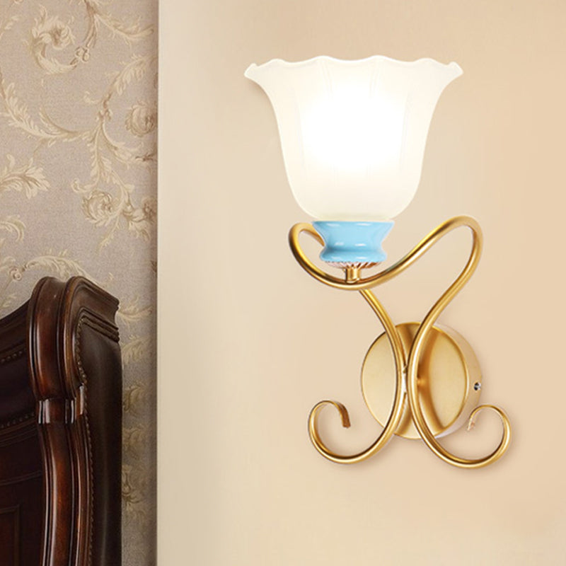 1 Light Frosted Glass Wall Lighting Country Black/Gold Flared Corridor Sconce Light with Twisted Arm Gold Clearhalo 'Wall Lamps & Sconces' 'Wall Lights' Lighting' 781138