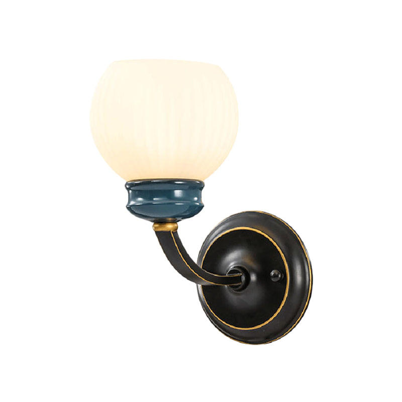 Black 1 Bulb Wall Light Fixture Classic Style White Ribbed Glass Globe Wall Lighting Ideas Clearhalo 'Wall Lamps & Sconces' 'Wall Lights' Lighting' 781144