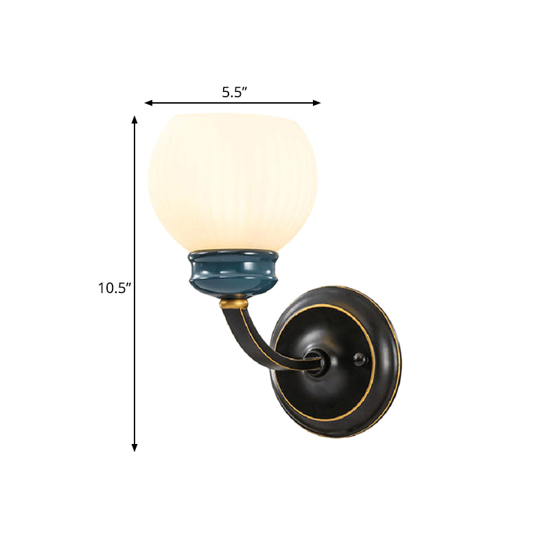 Black 1 Bulb Wall Light Fixture Classic Style White Ribbed Glass Globe Wall Lighting Ideas Clearhalo 'Wall Lamps & Sconces' 'Wall Lights' Lighting' 781145