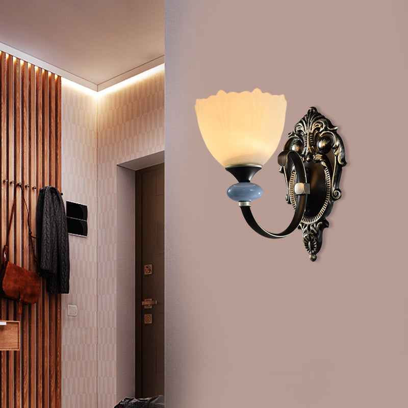 1/2-Head Wall Lamp Countryside Corridor Wall Lighting with Bowl Frosted Glass Shade in Black Clearhalo 'Wall Lamps & Sconces' 'Wall Lights' Lighting' 781147