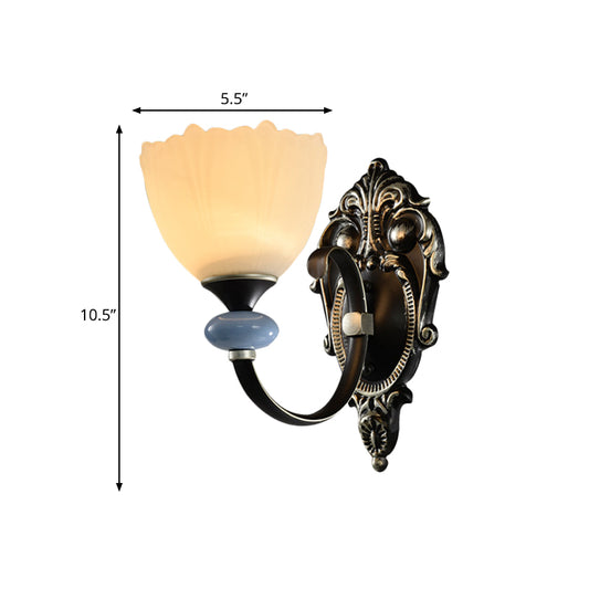 1/2-Head Wall Lamp Countryside Corridor Wall Lighting with Bowl Frosted Glass Shade in Black Clearhalo 'Wall Lamps & Sconces' 'Wall Lights' Lighting' 781149