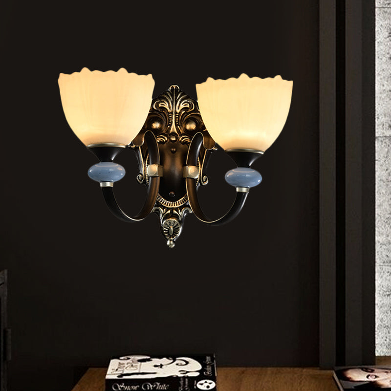 1/2-Head Wall Lamp Countryside Corridor Wall Lighting with Bowl Frosted Glass Shade in Black Clearhalo 'Wall Lamps & Sconces' 'Wall Lights' Lighting' 781151