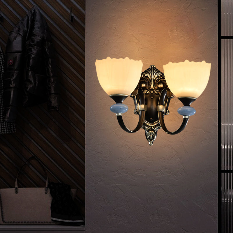 1/2-Head Wall Lamp Countryside Corridor Wall Lighting with Bowl Frosted Glass Shade in Black Clearhalo 'Wall Lamps & Sconces' 'Wall Lights' Lighting' 781152