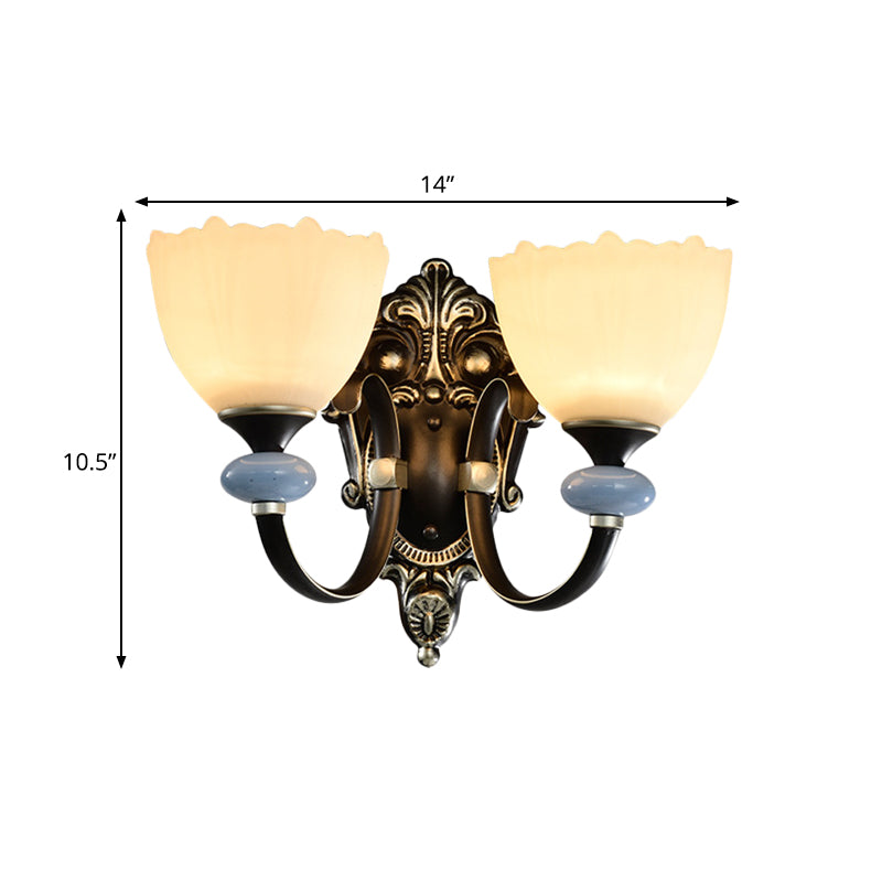 1/2-Head Wall Lamp Countryside Corridor Wall Lighting with Bowl Frosted Glass Shade in Black Clearhalo 'Wall Lamps & Sconces' 'Wall Lights' Lighting' 781154