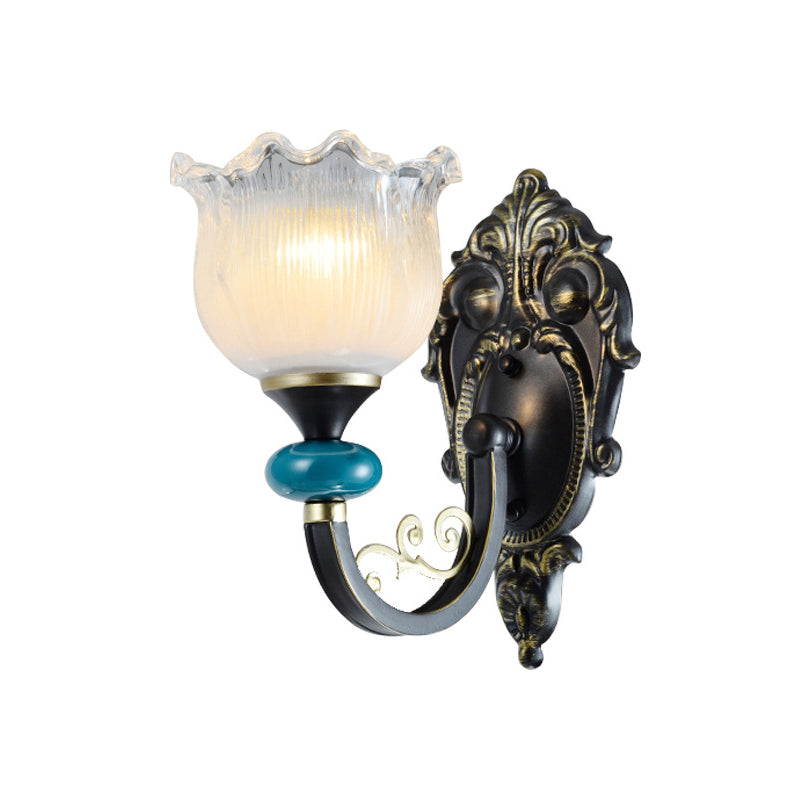 Clear Ribbed Glass Black Sconce Light Flower 1/2 Bulbs Countryside Wall Mounted Lamp with Curved Arm Clearhalo 'Wall Lamps & Sconces' 'Wall Lights' Lighting' 781156