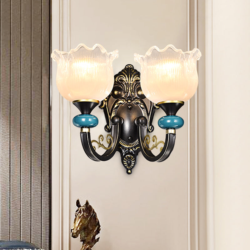 Clear Ribbed Glass Black Sconce Light Flower 1/2 Bulbs Countryside Wall Mounted Lamp with Curved Arm Clearhalo 'Wall Lamps & Sconces' 'Wall Lights' Lighting' 781160