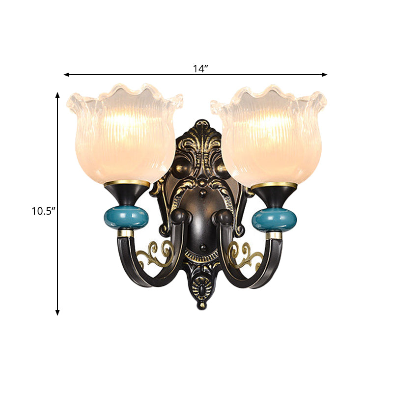 Clear Ribbed Glass Black Sconce Light Flower 1/2 Bulbs Countryside Wall Mounted Lamp with Curved Arm Clearhalo 'Wall Lamps & Sconces' 'Wall Lights' Lighting' 781163