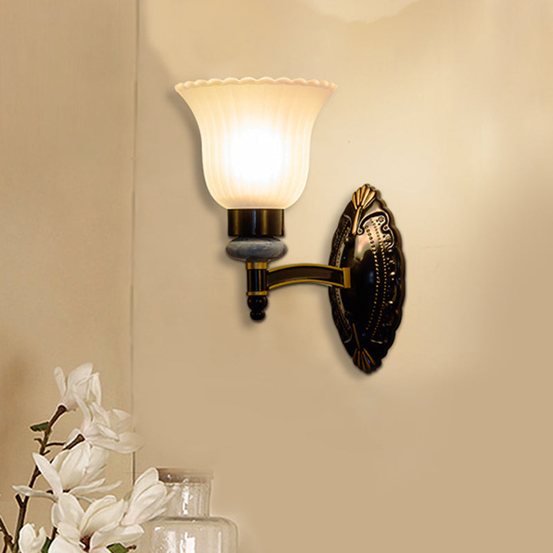 Country Bell Wall Mount Light Fixture 1/2-Light Frosted Glass Sconce Lighting in Black 1.0 Black Clearhalo 'Wall Lamps & Sconces' 'Wall Lights' Lighting' 781164