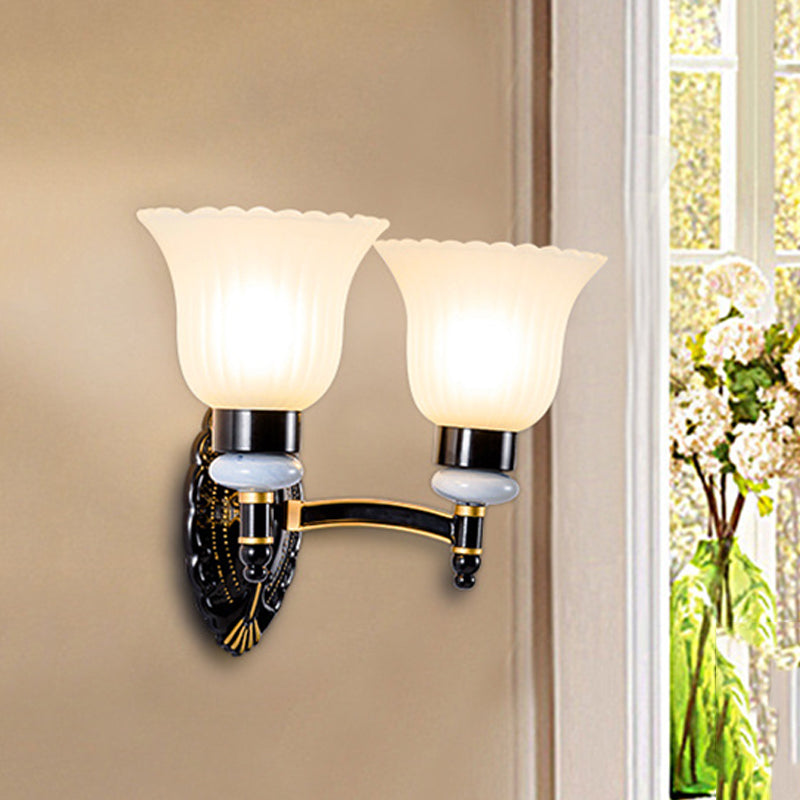 Country Bell Wall Mount Light Fixture 1/2-Light Frosted Glass Sconce Lighting in Black 2.0 Black Clearhalo 'Wall Lamps & Sconces' 'Wall Lights' Lighting' 781168