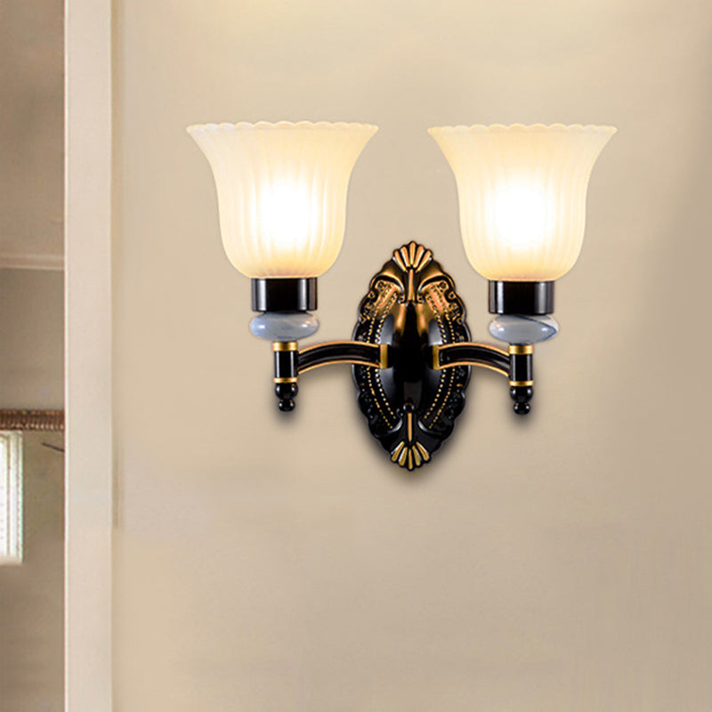 Country Bell Wall Mount Light Fixture 1/2-Light Frosted Glass Sconce Lighting in Black Clearhalo 'Wall Lamps & Sconces' 'Wall Lights' Lighting' 781169