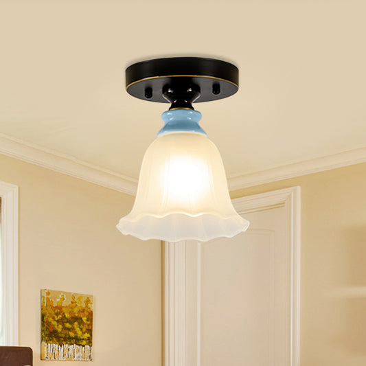 Frosted Glass Flared Flushmount Rural Style 1 Head Corridor Flush Mount Light in Black Black Clearhalo 'Ceiling Lights' 'Close To Ceiling Lights' 'Close to ceiling' 'Flush mount' Lighting' 781173