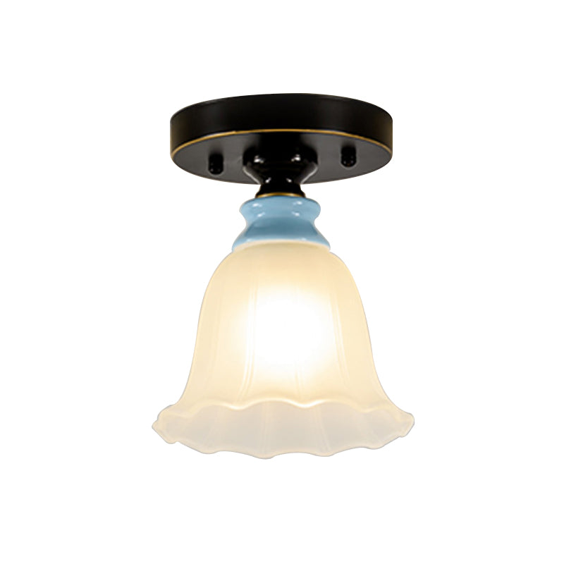 Frosted Glass Flared Flushmount Rural Style 1 Head Corridor Flush Mount Light in Black Clearhalo 'Ceiling Lights' 'Close To Ceiling Lights' 'Close to ceiling' 'Flush mount' Lighting' 781174