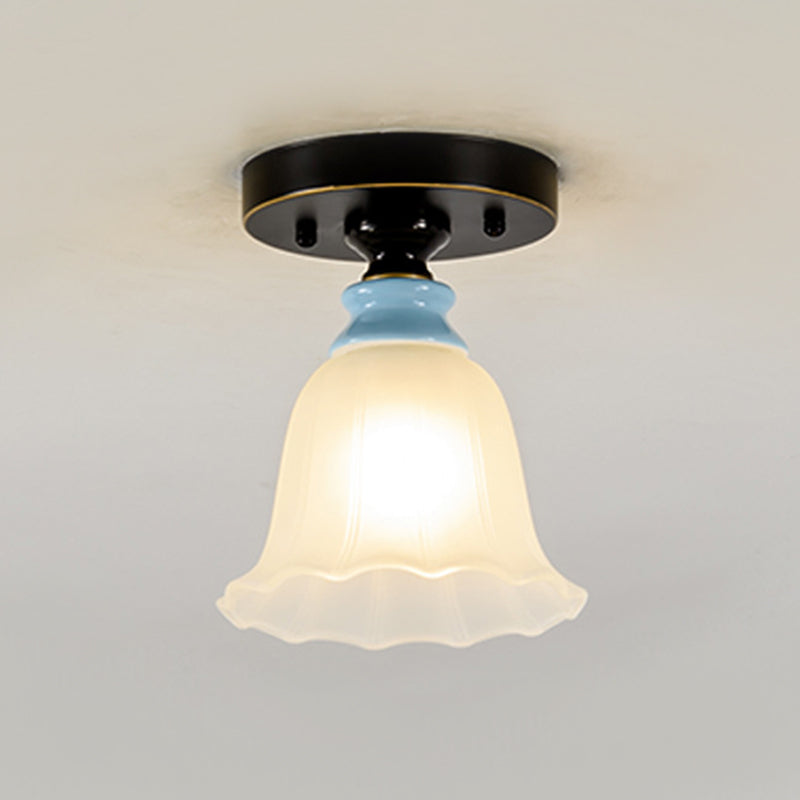 Frosted Glass Flared Flushmount Rural Style 1 Head Corridor Flush Mount Light in Black Clearhalo 'Ceiling Lights' 'Close To Ceiling Lights' 'Close to ceiling' 'Flush mount' Lighting' 781175