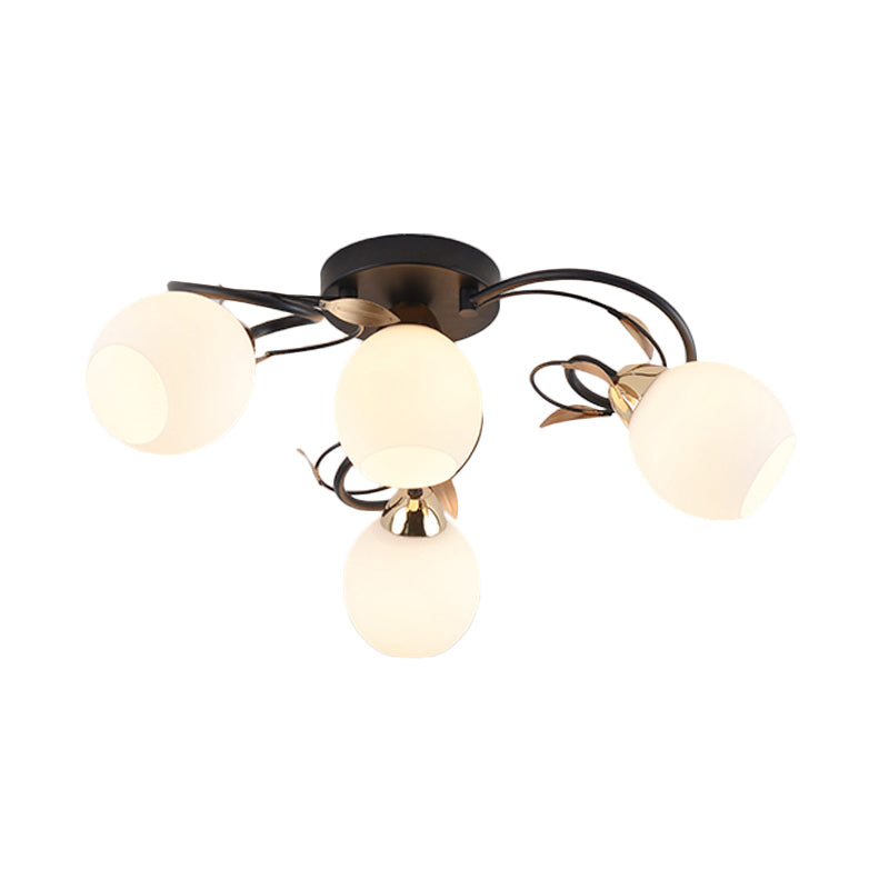 Globe White Glass Semi Flush Light Traditional 4/6/9 Lights Living Room Ceiling Mounted Fixture in Black Clearhalo 'Ceiling Lights' 'Close To Ceiling Lights' 'Close to ceiling' 'Semi-flushmount' Lighting' 781178