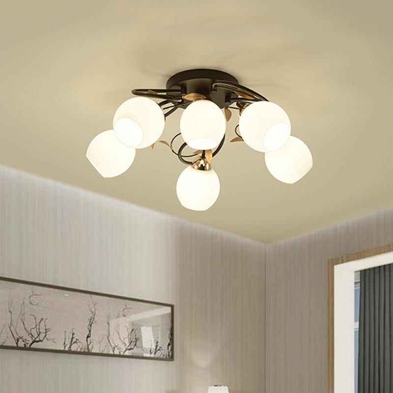 Globe White Glass Semi Flush Light Traditional 4/6/9 Lights Living Room Ceiling Mounted Fixture in Black Clearhalo 'Ceiling Lights' 'Close To Ceiling Lights' 'Close to ceiling' 'Semi-flushmount' Lighting' 781182