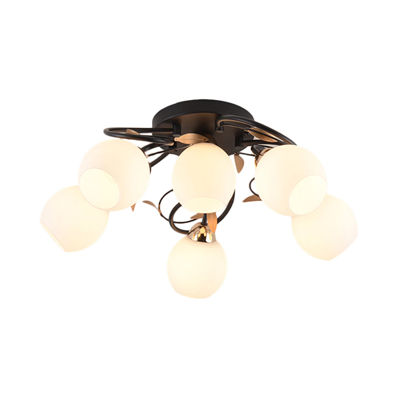 Globe White Glass Semi Flush Light Traditional 4/6/9 Lights Living Room Ceiling Mounted Fixture in Black Clearhalo 'Ceiling Lights' 'Close To Ceiling Lights' 'Close to ceiling' 'Semi-flushmount' Lighting' 781183