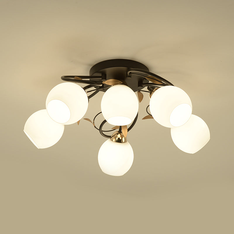 Globe White Glass Semi Flush Light Traditional 4/6/9 Lights Living Room Ceiling Mounted Fixture in Black Clearhalo 'Ceiling Lights' 'Close To Ceiling Lights' 'Close to ceiling' 'Semi-flushmount' Lighting' 781184