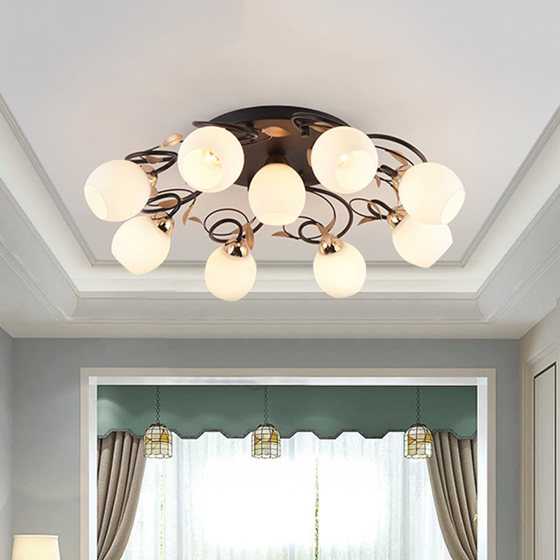 Globe White Glass Semi Flush Light Traditional 4/6/9 Lights Living Room Ceiling Mounted Fixture in Black Clearhalo 'Ceiling Lights' 'Close To Ceiling Lights' 'Close to ceiling' 'Semi-flushmount' Lighting' 781187