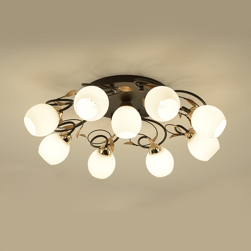 Globe White Glass Semi Flush Light Traditional 4/6/9 Lights Living Room Ceiling Mounted Fixture in Black Clearhalo 'Ceiling Lights' 'Close To Ceiling Lights' 'Close to ceiling' 'Semi-flushmount' Lighting' 781189