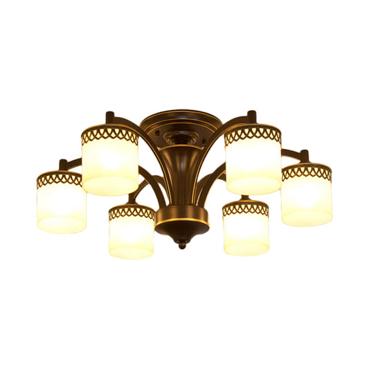 3/6 Bulbs Cylinder Semi Mount Lighting Classic Black Finish Tan Glass Ceiling Light Fixture with Twisted Arm Clearhalo 'Ceiling Lights' 'Close To Ceiling Lights' 'Close to ceiling' 'Semi-flushmount' Lighting' 781197