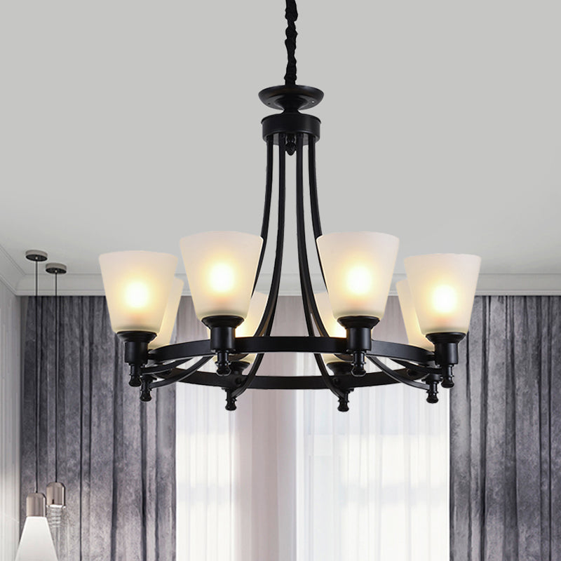 6/8 Heads Pendant Chandelier Rustic Living Room Pendant Lamp with Opal Glass Tapered Shade in Black Clearhalo 'Ceiling Lights' 'Chandeliers' Lighting' options 781257