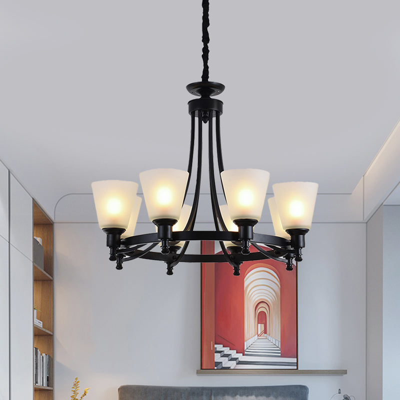 6/8 Heads Pendant Chandelier Rustic Living Room Pendant Lamp with Opal Glass Tapered Shade in Black Clearhalo 'Ceiling Lights' 'Chandeliers' Lighting' options 781258