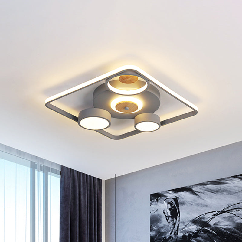 Grey Square Flush Ceiling Light Nordic Iron LED Flush Mount Lighting Fixture with Wood Accent Grey Clearhalo 'Ceiling Lights' 'Close To Ceiling Lights' 'Close to ceiling' 'Flush mount' Lighting' 781450