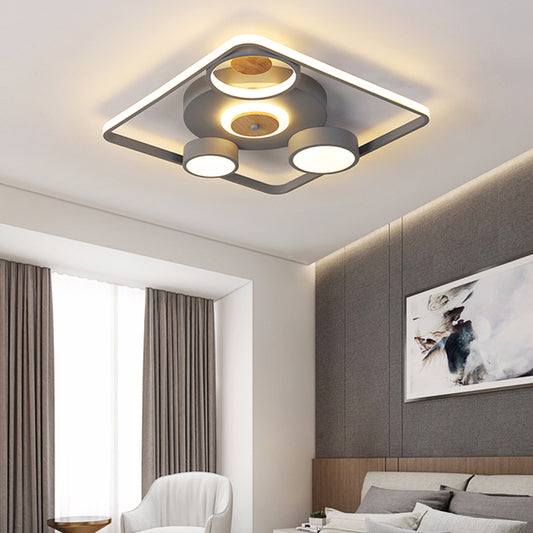 Grey Square Flush Ceiling Light Nordic Iron LED Flush Mount Lighting Fixture with Wood Accent Clearhalo 'Ceiling Lights' 'Close To Ceiling Lights' 'Close to ceiling' 'Flush mount' Lighting' 781451