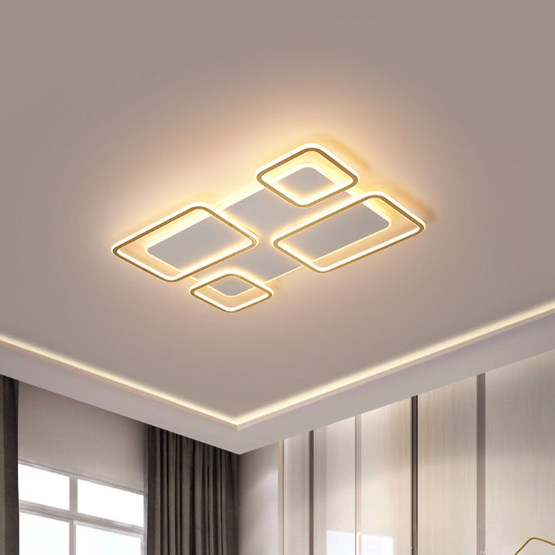 Living Room LED Ceiling Fixture Minimalism White and Gold Flush Mount Light with Rectangle Iron Frame, Warm/White Light White-Gold Clearhalo 'Ceiling Lights' 'Close To Ceiling Lights' 'Close to ceiling' 'Flush mount' Lighting' 781512