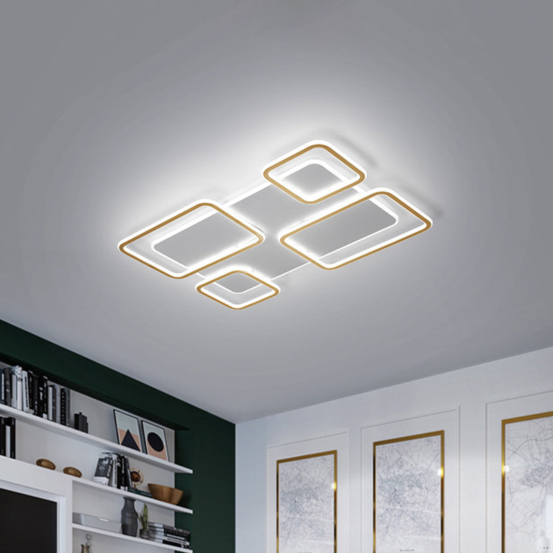 Living Room LED Ceiling Fixture Minimalism White and Gold Flush Mount Light with Rectangle Iron Frame, Warm/White Light Clearhalo 'Ceiling Lights' 'Close To Ceiling Lights' 'Close to ceiling' 'Flush mount' Lighting' 781513