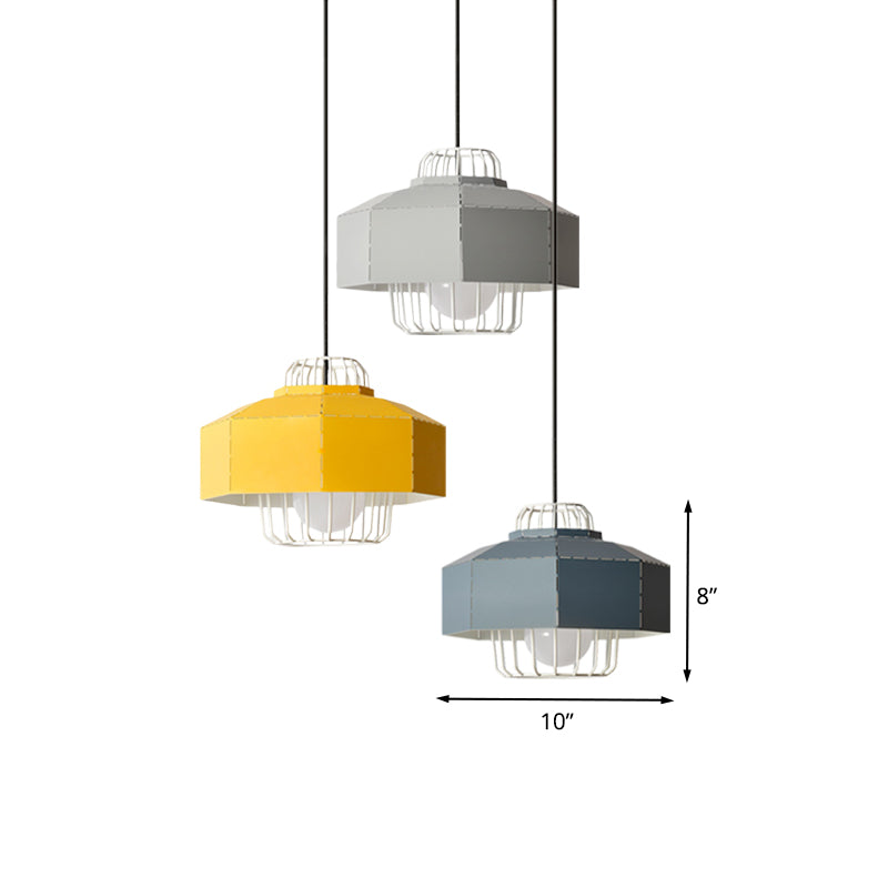 Macaron Faceted Barn Shaped Drop Pendant Iron 3 Heads Living Room Multi Hanging Light with Black Round/Linear Canopy Clearhalo 'Ceiling Lights' 'Pendant Lights' 'Pendants' Lighting' 781544