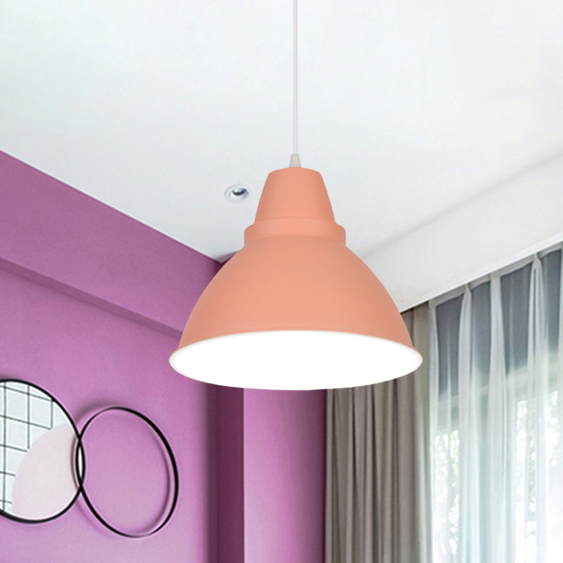 Macaron Funnel Iron Pendant Light 1 Head Ceiling Suspension Lamp in Pink/Purple/Yellow for Dining Room Pink Clearhalo 'Ceiling Lights' 'Pendant Lights' 'Pendants' Lighting' 781616_29e8f7c0-5122-46a5-b5d3-5c9c40c92a4a