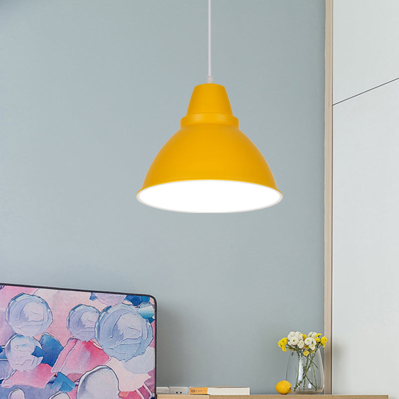 Macaron Funnel Iron Pendant Light 1 Head Ceiling Suspension Lamp in Pink/Purple/Yellow for Dining Room Clearhalo 'Ceiling Lights' 'Pendant Lights' 'Pendants' Lighting' 781622