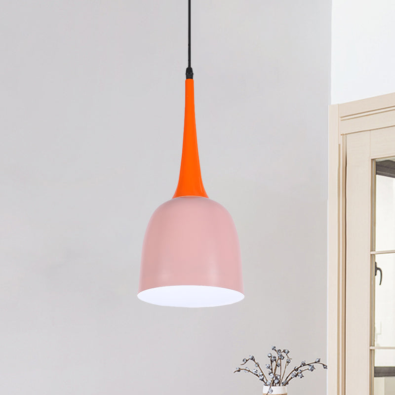 Black/White/Pink Bell Pendulum Light Macaron Single Iron Down Lighting Pendant with Orange Tapered Grip Pink Clearhalo 'Ceiling Lights' 'Pendant Lights' 'Pendants' Lighting' 781646_12a3424c-f8f0-49b3-a3b4-b96a9a2d14b3