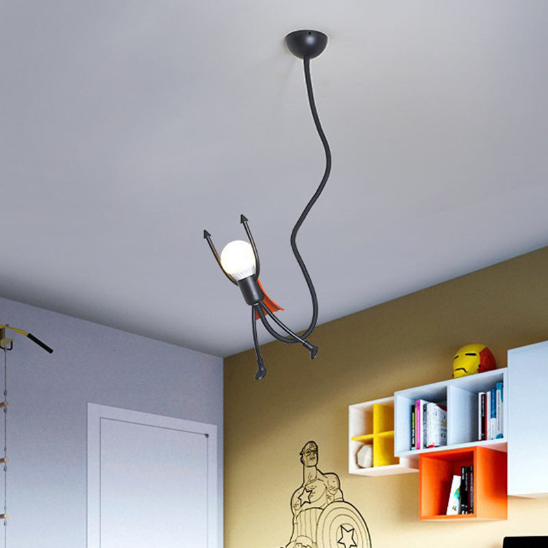 Super Hero Mini Suspension Pendant Light Cartoon Iron Single Kids Bedroom Hanging Lamp in Black with Exposed Bulb Design Clearhalo 'Ceiling Lights' 'Pendant Lights' 'Pendants' Lighting' 781682