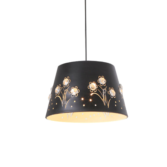 Tapered Hollowed Out Iron Pendant Nordic 1 Head Blue/Black/White Hanging Ceiling Light with Crystal Accent Clearhalo 'Ceiling Lights' 'Pendant Lights' 'Pendants' Lighting' 781687