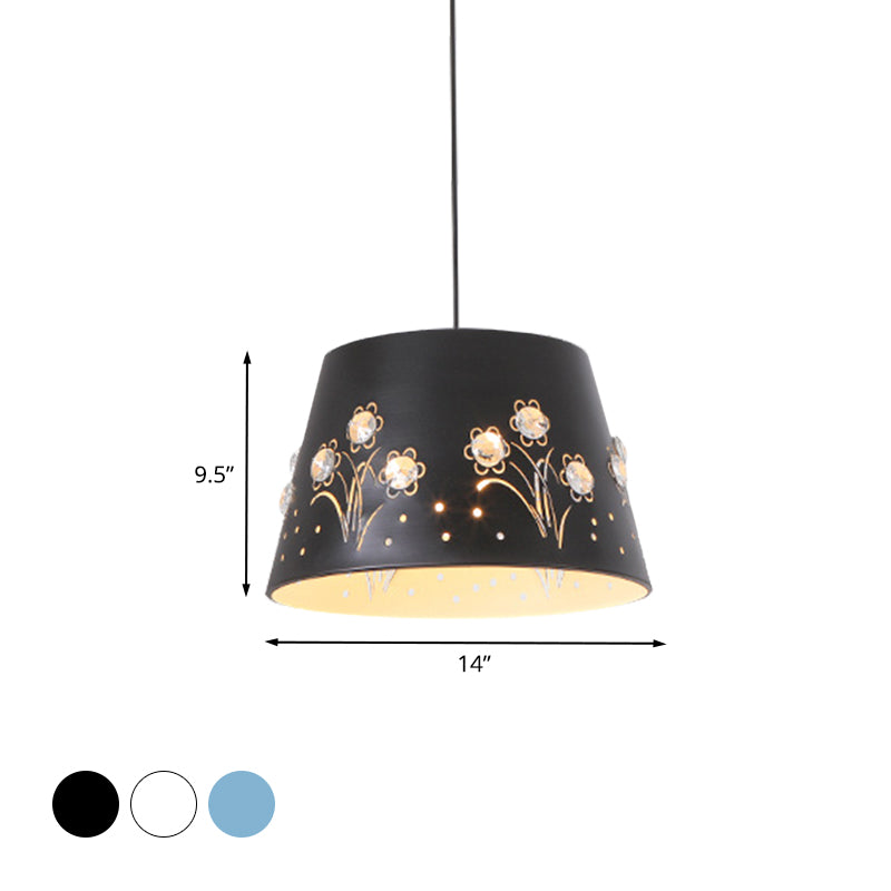 Tapered Hollowed Out Iron Pendant Nordic 1 Head Blue/Black/White Hanging Ceiling Light with Crystal Accent Clearhalo 'Ceiling Lights' 'Pendant Lights' 'Pendants' Lighting' 781689