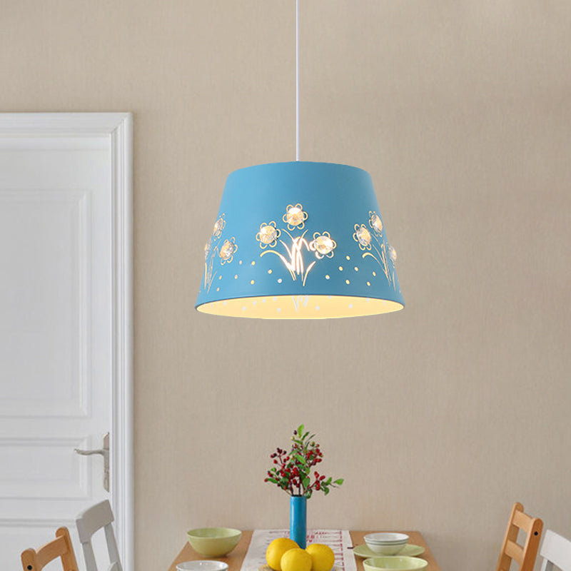 Tapered Hollowed Out Iron Pendant Nordic 1 Head Blue/Black/White Hanging Ceiling Light with Crystal Accent Clearhalo 'Ceiling Lights' 'Pendant Lights' 'Pendants' Lighting' 781695