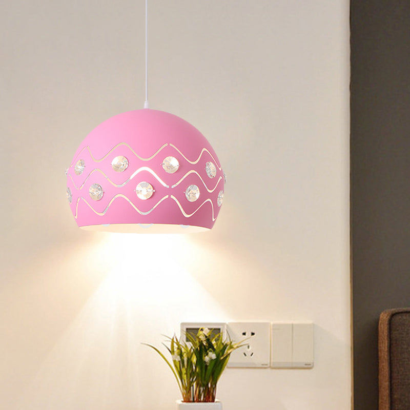 Cutouts Dome Shade Drop Pendant Macaron Iron 1-Light Pink/Blue/Green Suspension Lamp with Embedded Crystal Decor Pink Clearhalo 'Ceiling Lights' 'Pendant Lights' 'Pendants' Lighting' 781698_58547d5a-5309-4f93-884e-0d0c17024425